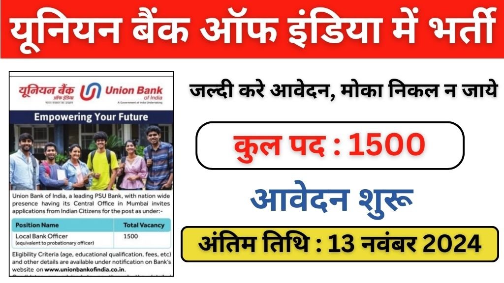 Union Bank of India Vacancy: यूनियन बैंक ऑफ इंडिया में लोकल बैंक ऑफिसर के 1500 पदों पर भर्ती का नोटिफिकेशन जारी