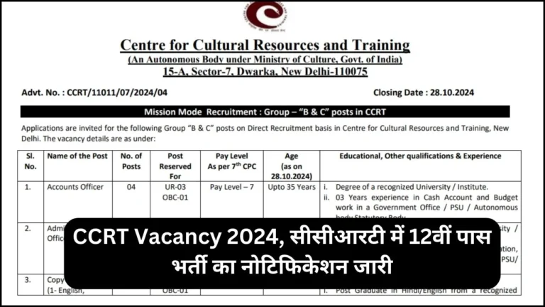 CCRT Vacancy: सांस्कृतिक स्तोत्र एवं प्रशिक्षण केंद्र में 12वीं पास भर्ती का नोटिफिकेशन जारी