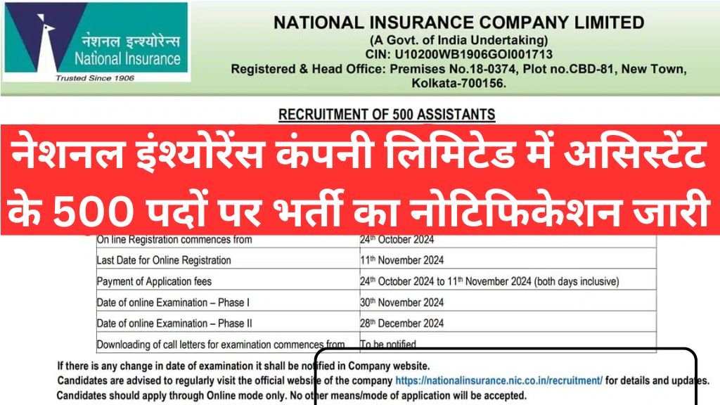 NICL Assistant Vacancy: नेशनल इंश्योरेंस कंपनी लिमिटेड में असिस्टेंट के 500 पदों पर भर्ती का नोटिफिकेशन जारी