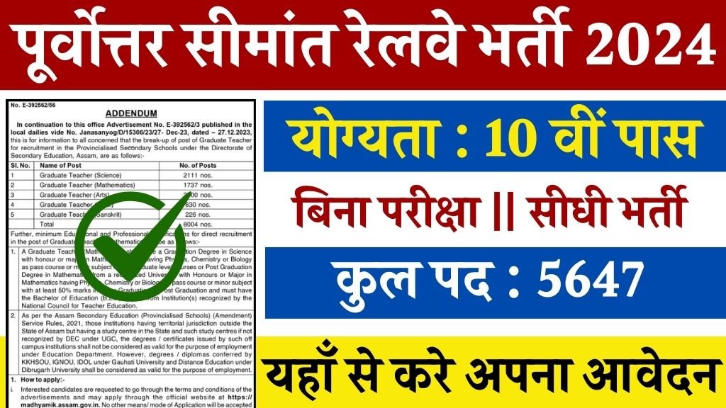 Railway Vacancy: रेलवे ने 10वी पास के लिए 5647 पदों पर भर्ती का नोटिफिकेशन जारी किया बिना परीक्षा भर्ती