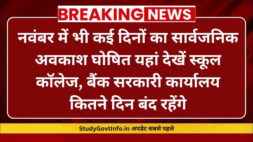 Public Holiday: नवंबर में भी कई दिनों का सार्वजनिक अवकाश घोषित यहां देखें स्कूल कॉलेज, बैंक सरकारी कार्यालय कितने दिन बंद रहेंगे